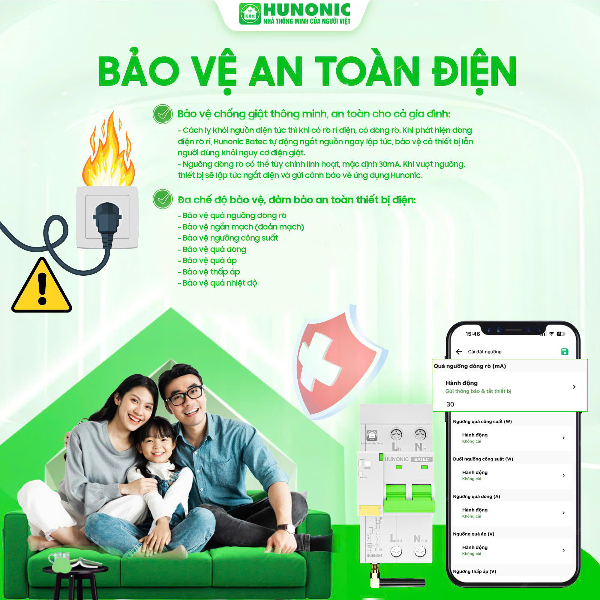 Thiết bị bảo vệ an toàn điện thông minh Hunonic Batec Thiết bị bảo vệ an toàn điện thông minh Hunonic Batec