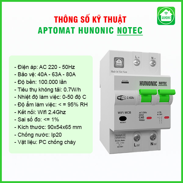 Aptomat Wifi Hunonic Notec đo năng lượng thông minh Aptomat Wifi Hunonic Notec đo năng lượng thông minh