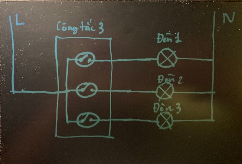 dây nóng sẽ đấu vào 3 công tắc từ đó đi vào 3 bóng đèn 1,2,3 rồi đi ra dây N