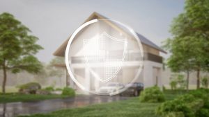 Ngôi nhà với biểu tượng khiên bảo vệ minh họa hệ thống an ninh nhà thông minh tích hợp camera, chuông cửa và cảm biến báo động qua bảng điều khiển trung tâm